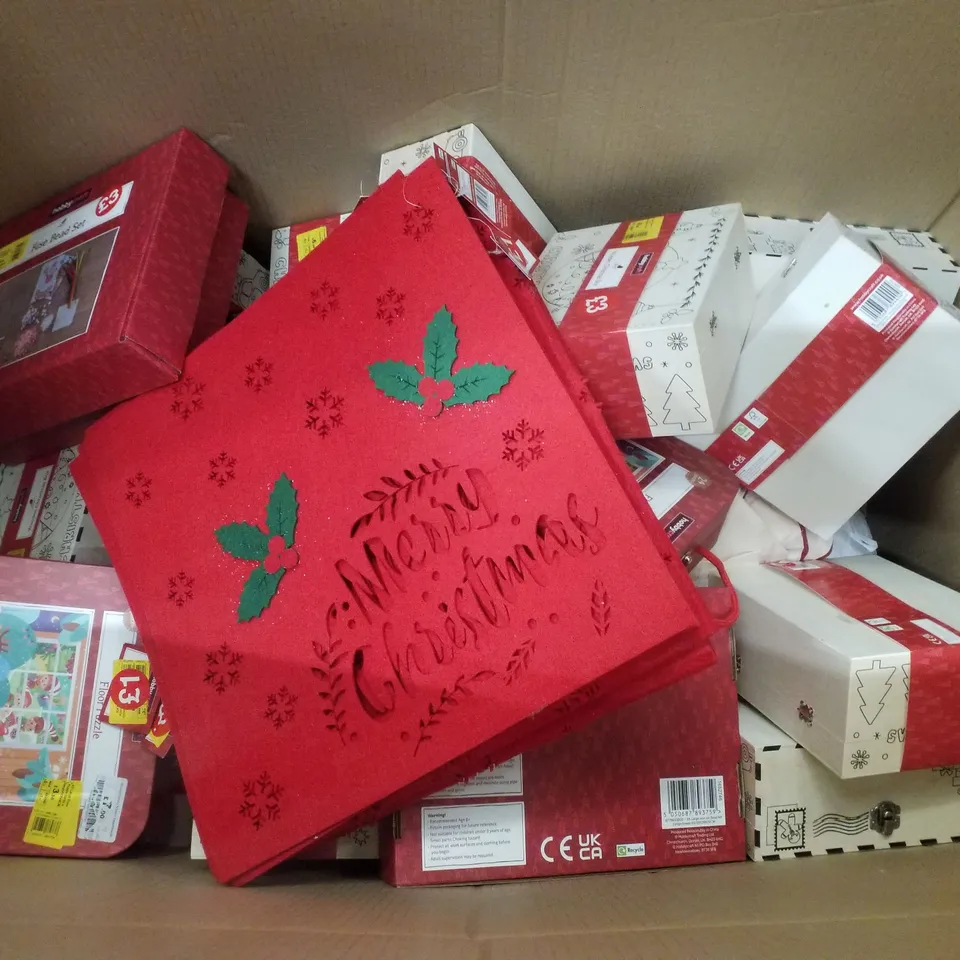 PALLET CONTAINING ASSORTED CHRISTMAS PRODUCTS & DECORATIONS INCLUDING BOTTLE BRUSH LED TREE, WRAPPING PAPER, FUSE BEAD SET, WOODEN CHRISTMAS BOX & FELT PLACE MATS