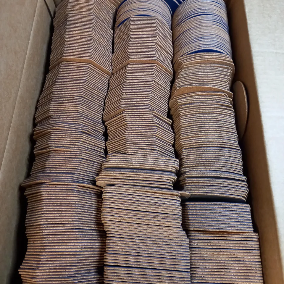 BOX OF APPROXIMATELY 300 CORK BACKED BLUE FLEXIBLE COASTERS IN ASSORTED SHAPES