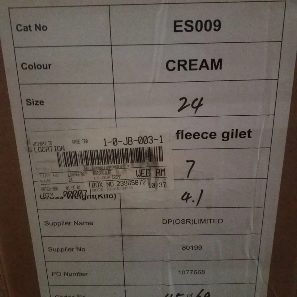 BOX CONTAINING APPROXIMATELY 7 BRAND NEW JD WILLIAMS CREAM BORG FLEECE GILETS - SIZE 24