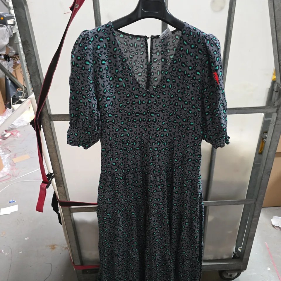 SCAMP & DUDE WOMEN’S DRESS – BLACK WITH TEAL LEOPARD PRINT, UK 12