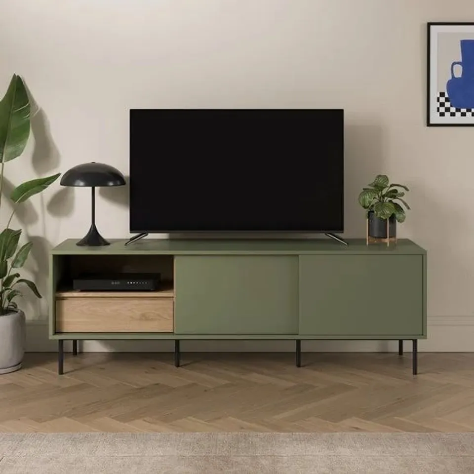 BOXED BENNIE WIDE TV UNIT FOR TVS UP TO 55" - OLIVE (1 BOX)