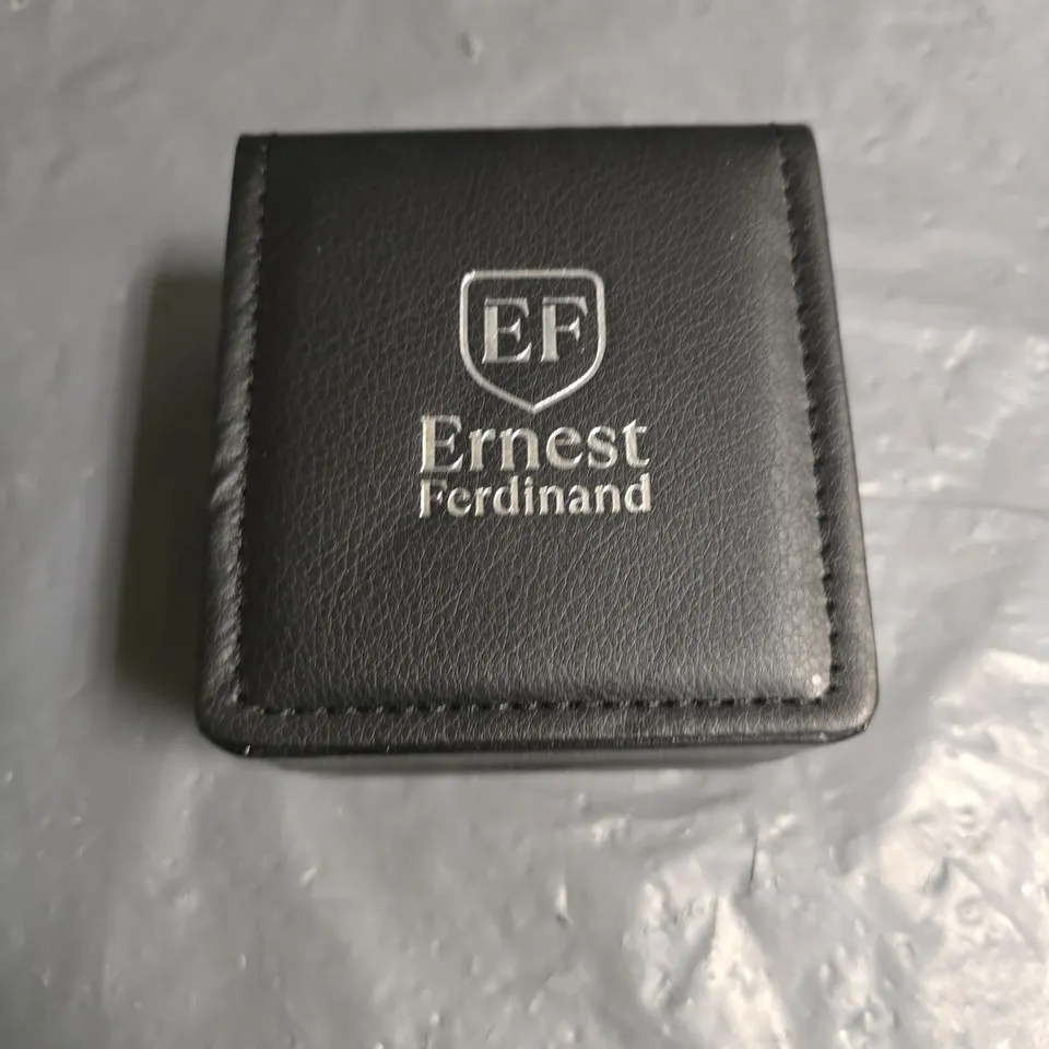 ERNEST FERDINAND STAINLESS STEEL BLACK DIAL ROMAN NUMERAL WATCH WITH BROWN LEATHER STRAP