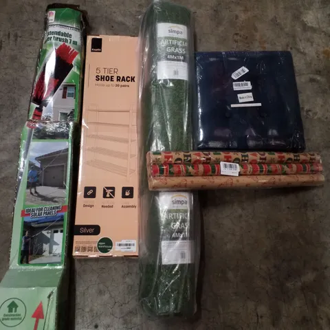 PALLET CONTAINING ASSORTED PRODUCTS INCLUDING EXTENDABLE WATER BRUSH 7M, 5-TIER SHOE RACK, ARTIFICIAL GRASS ROLL, CHRISTMAS WRAPPING PAPER & STORAGE FOOTSTOOL