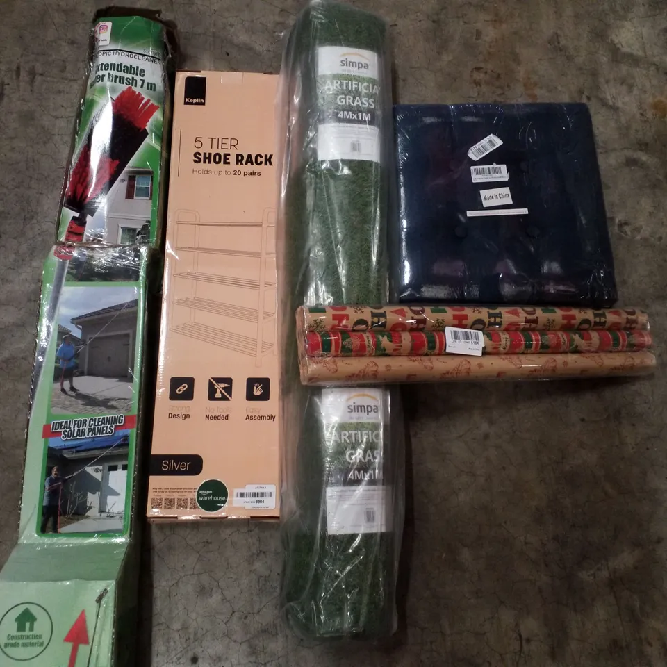 PALLET CONTAINING ASSORTED PRODUCTS INCLUDING EXTENDABLE WATER BRUSH 7M, 5-TIER SHOE RACK, ARTIFICIAL GRASS ROLL, CHRISTMAS WRAPPING PAPER & STORAGE FOOTSTOOL