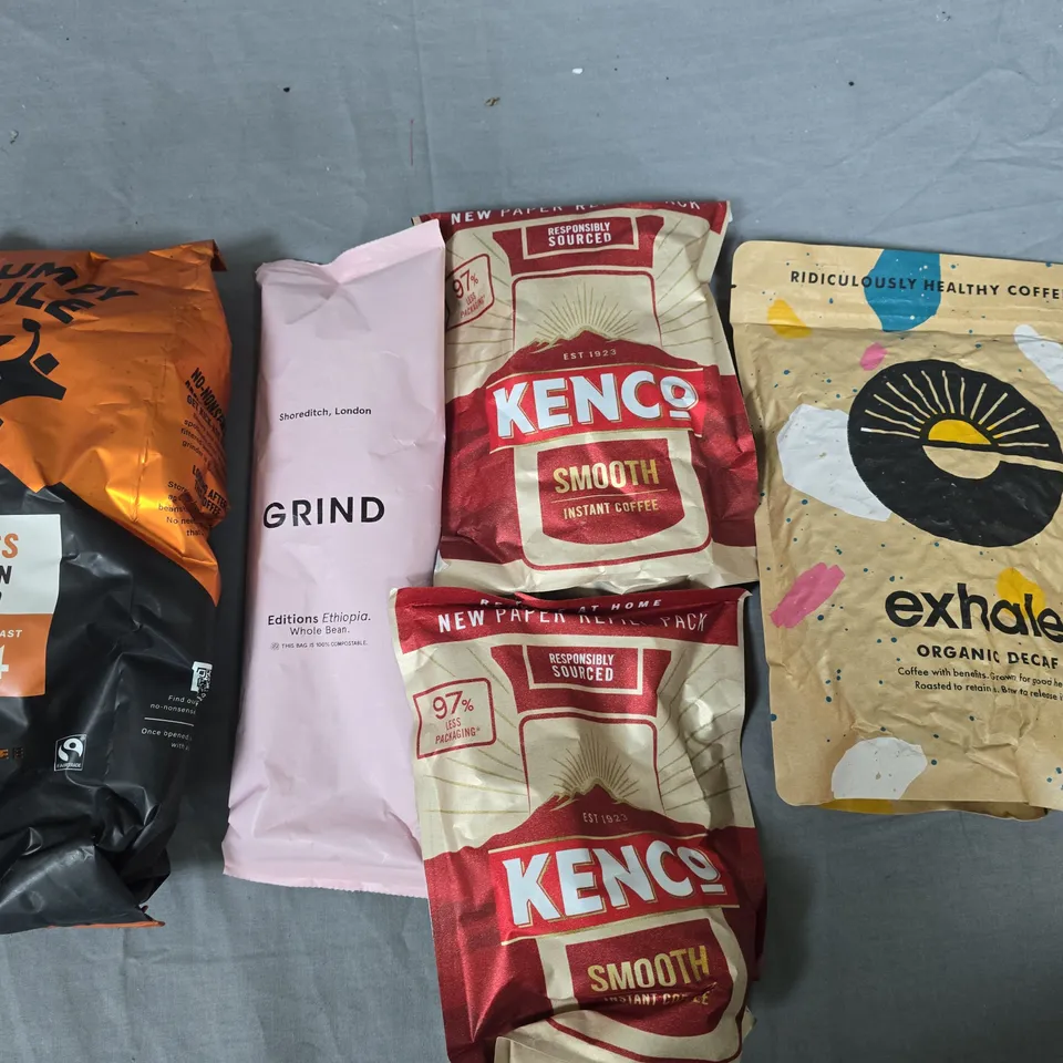 LOT OF 8 ASSORTED COFFEE ITEMS TO INCLUDE GRUMPY MULE WHOLEBEAN AND KENCO REFILLS