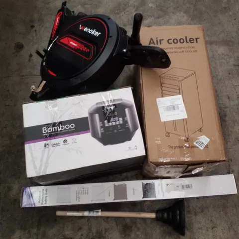 PALLET CONTAINING ASSORTED PRODUCTS INCLUDING ROWING MACHINE, AIR COOLER, BAMBOO RICE COOKER, RETRACTABLE SAFETY GATE & PLUNGER