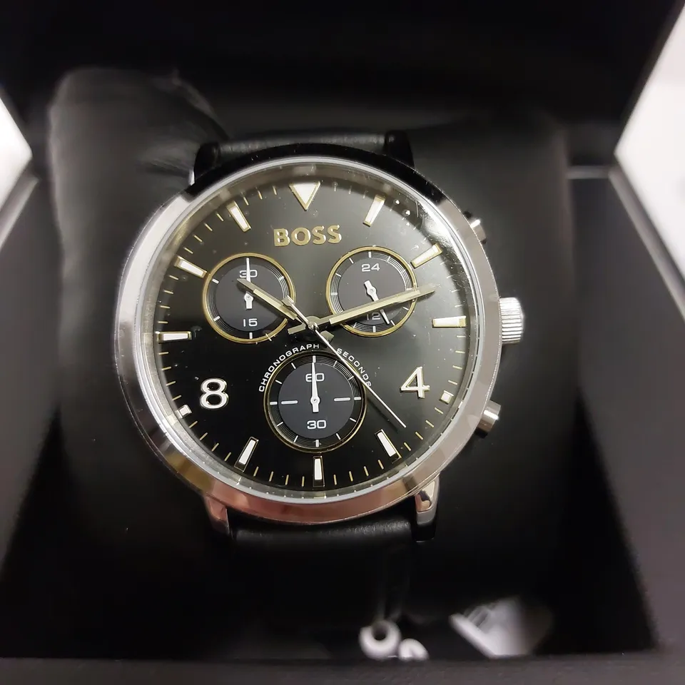 BOXED HUGO BOSS BOSS SPIRIT BLACK LEATHER MENS WRIST WATCH