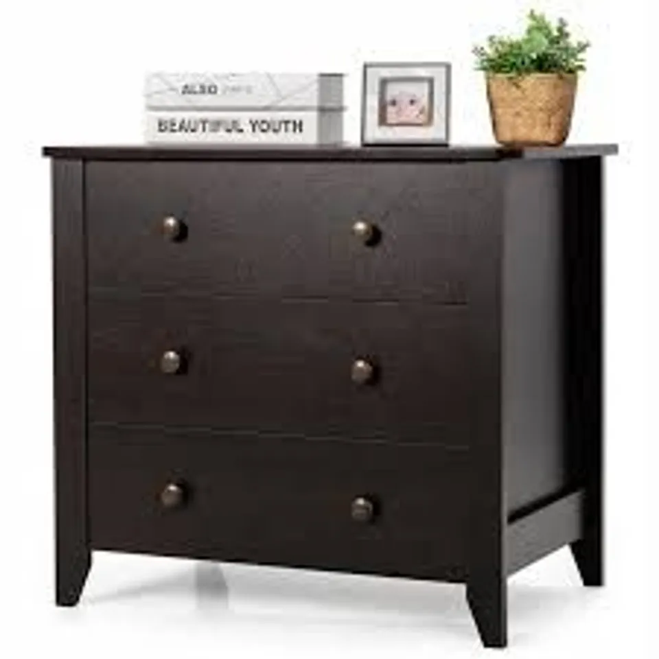 BOXED COSTWAY 3-DRAWER WOODEN DRESSER CHEST OF DRAWERS WITH ROUND METAL KNOBS - COFFEE