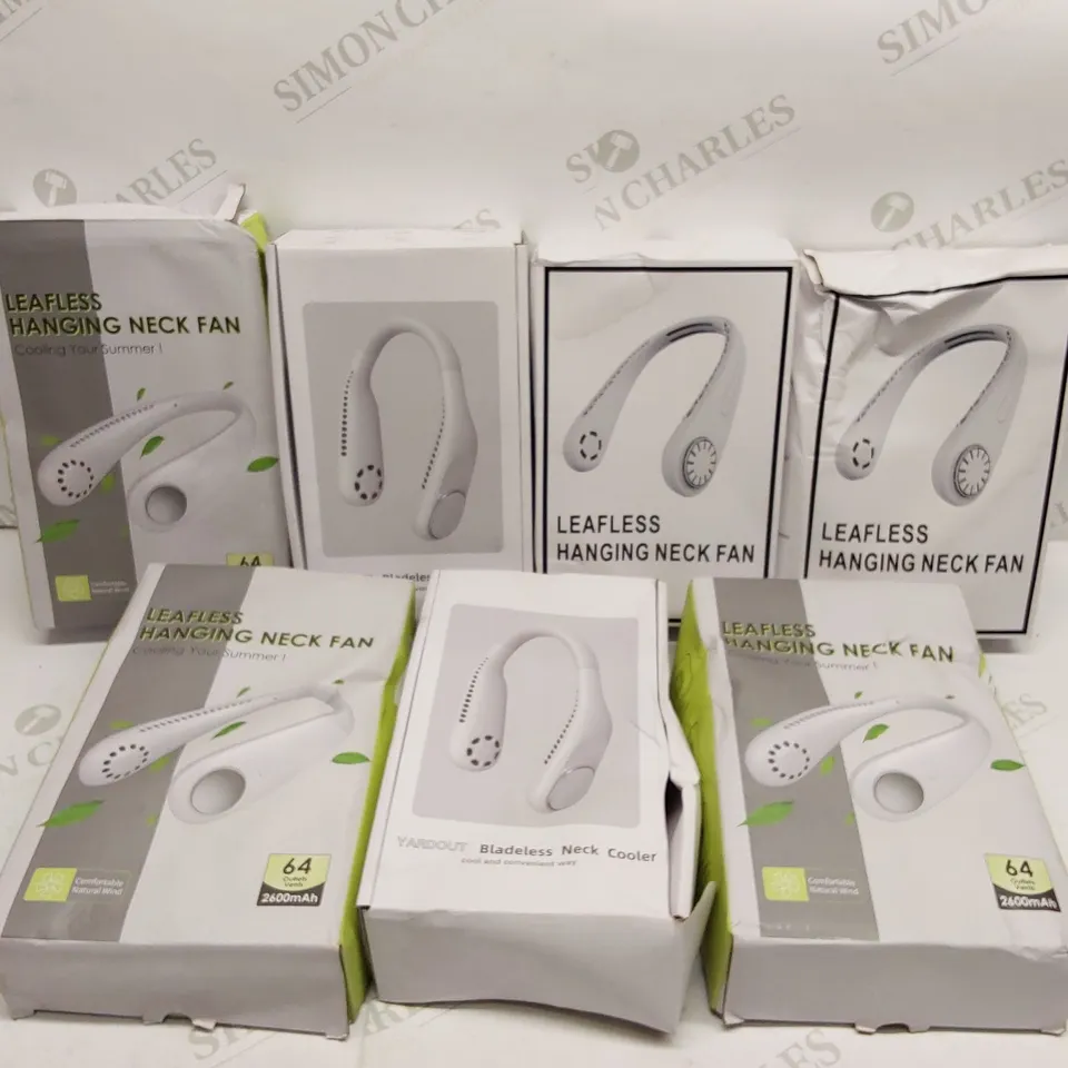 BOX OF APPROXIMATELY 7X BRAND NEW LEAFLESS HANGING NECK FANS