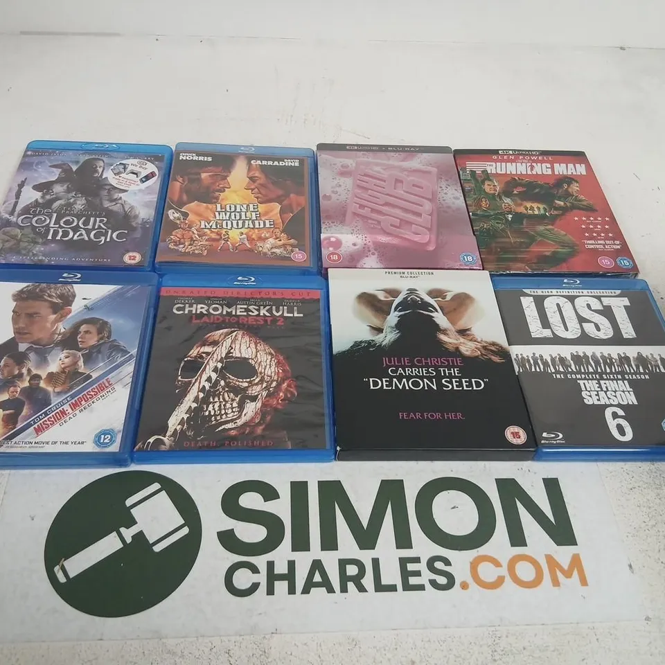EIGHT BLU-RAY/DVD CASE SET – MIXED FILM & TV TITLES (COLOUR OF MAGIC, THE RUNNING MAN, MISSION: IMPOSSIBLE, CHROMESKULL: LAID TO REST 2, THE DEMON SEED, LOST – FINAL SEASON 6)