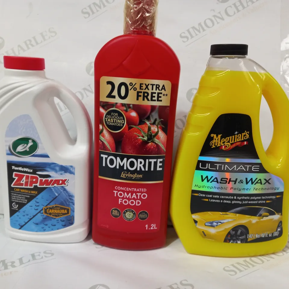LOT OF APPROXIMATELY 10 ASSORTED HOUSEHOLD ITEMS TO INCLUDE MEGUIAR'S ULTIMATE WASH & WAX, LEVINGTON TOMORITE TOMATO FOOD, TURTLEWAX ZIPWAX, ETC