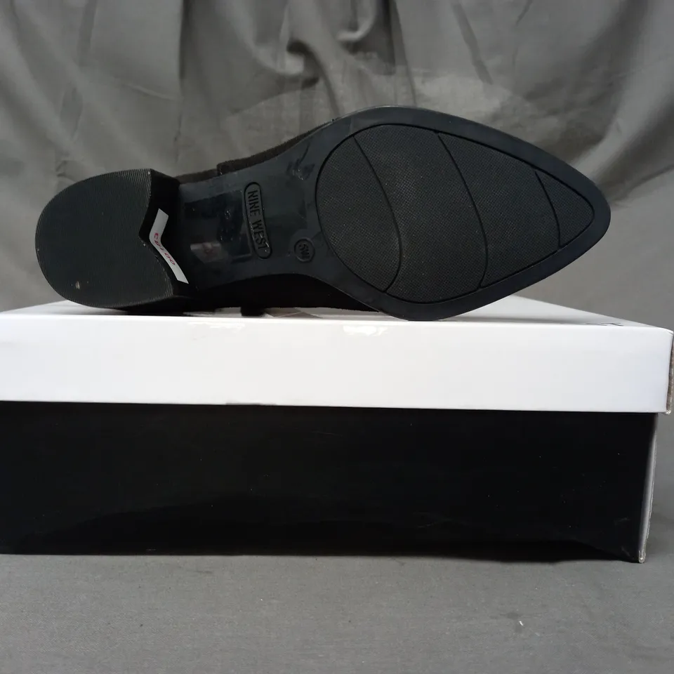 BOXED PAIR OF NINE WEST TAY SUEDETTE ANKLE BOOTS IN BLACK EU SIZE 35