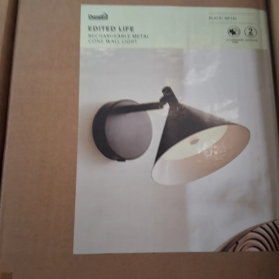 BOXED DUNELM EDITED LIFE RECHARGEABLE METAL CONE WALL LIGHT – BLACK METAL
