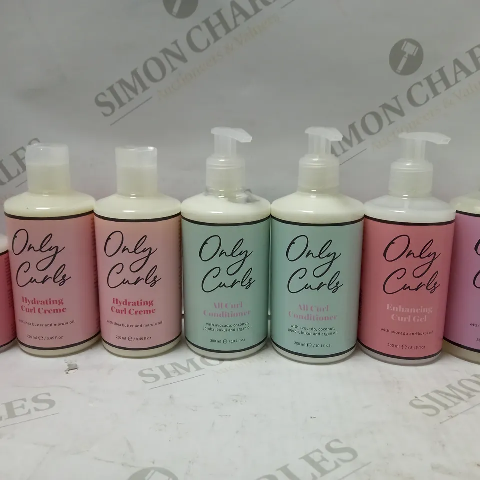 LOT OF APPROX 7 ASSORTED ONLY CURLS PRODUCTS TO INCLUDE HYDRATING CURL CREME, ALL CURL CONDITIONER, ALL CURL CLEANSER, ETC 