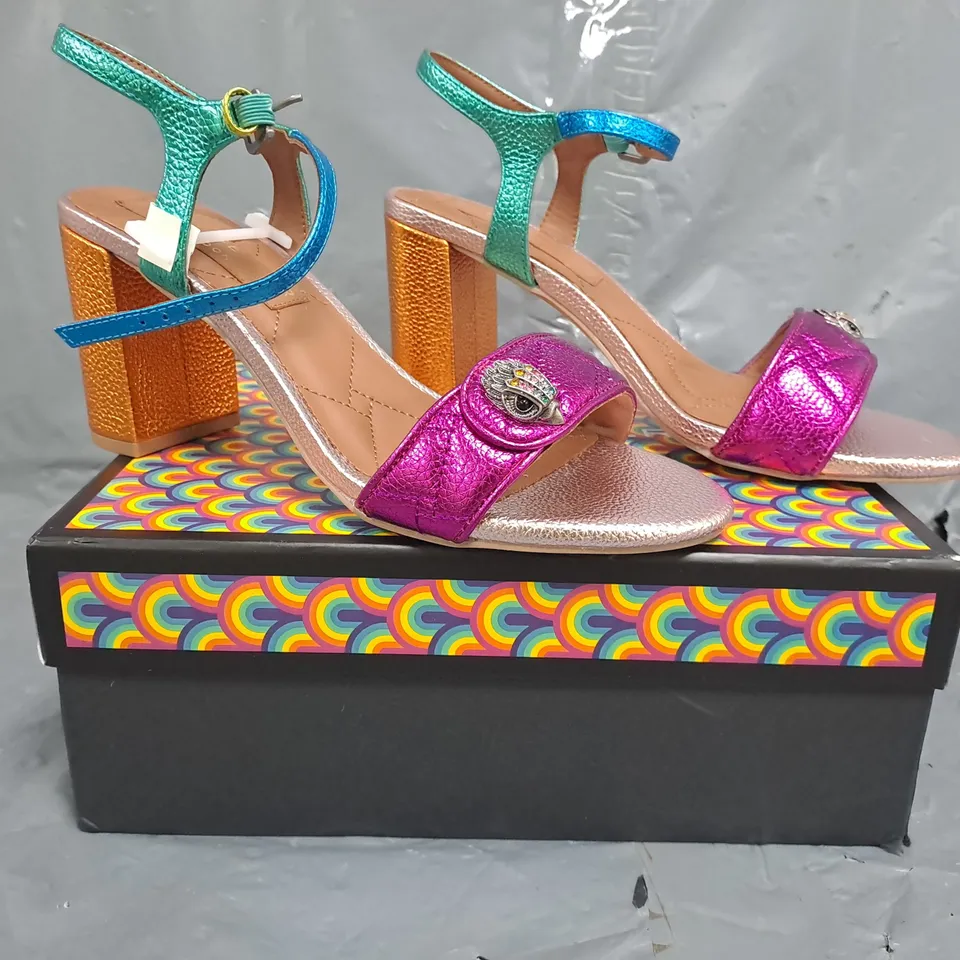 BOXED PAIR OF KURT GEIGER OPEN TOE BLOCK HEEL SANDALS IN MULTICOLOUR SIZE EU 39