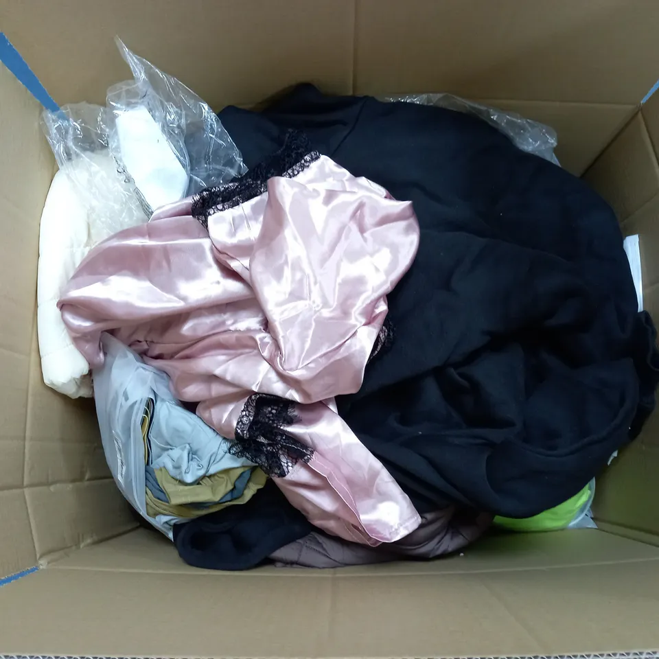 LARGE BOX OF ASSORTED CLOTHING ITEMS IN VARIOUS COLOURS AND SIZES INCLUDING TROUSERS , TOPS AND JUMPERS