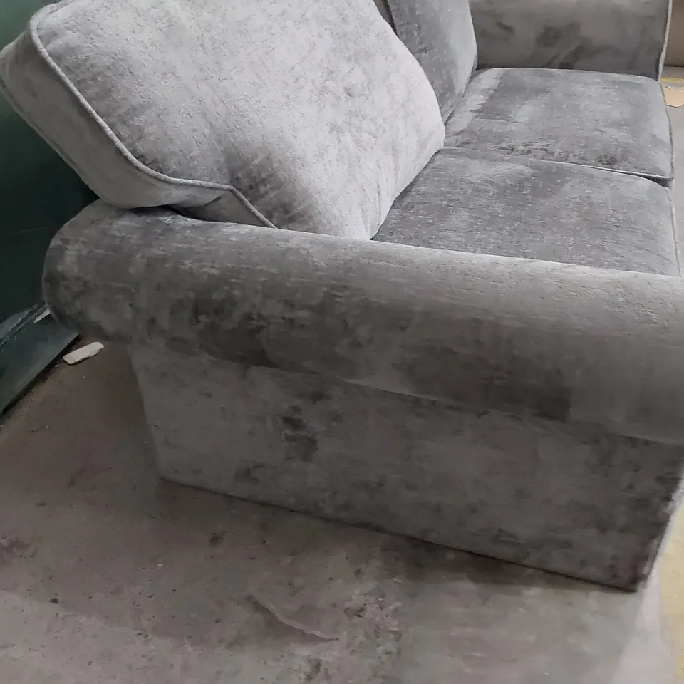 DESIGNER THREE SEATER SCROLL ARM SOFA GREY FABRIC 