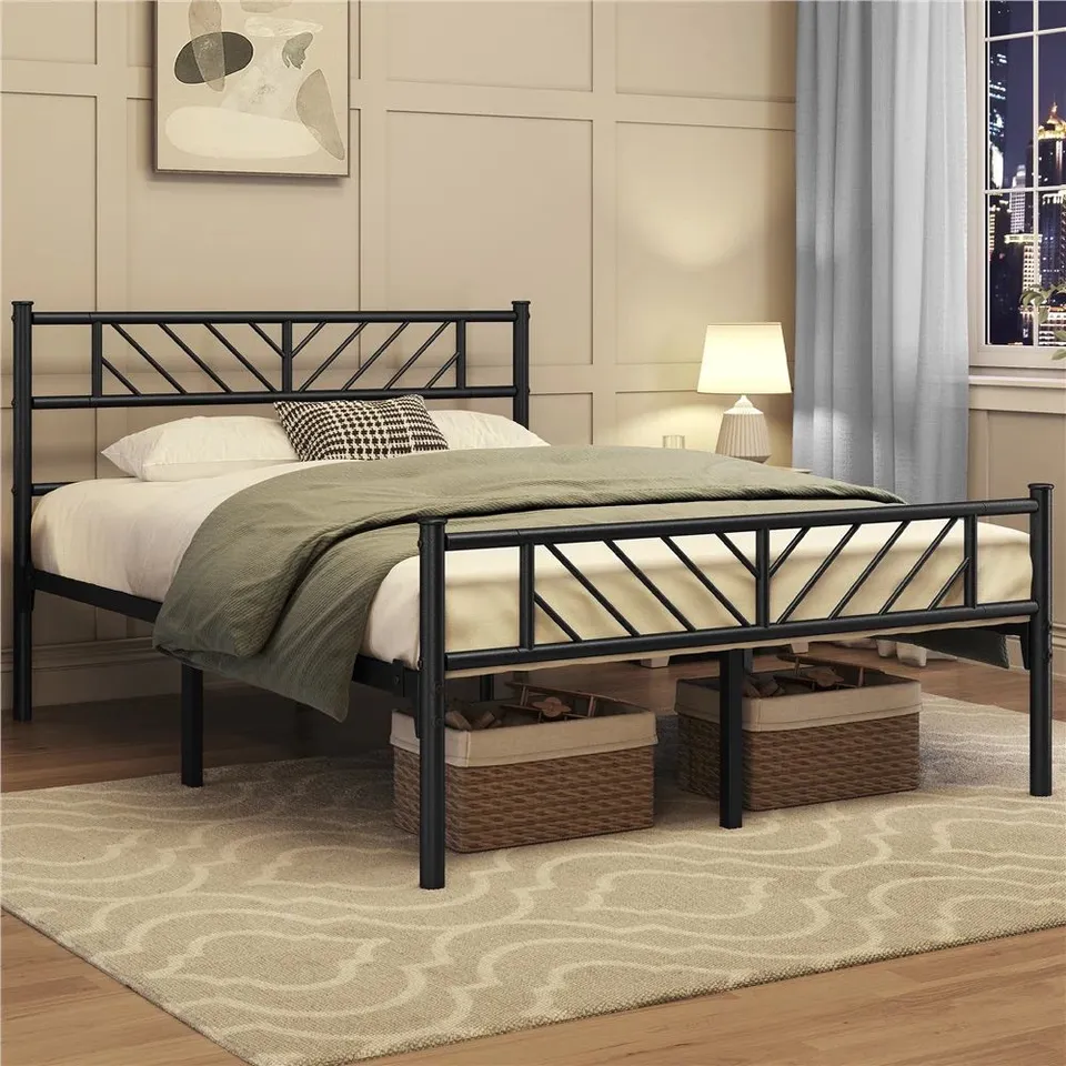 BOXED MINIMALIST METAL SLATTED BED PLATFORM WITH ARROW DESIGN HEADBOARD - 135CM DOUBLE, BLACK (1 BOX)