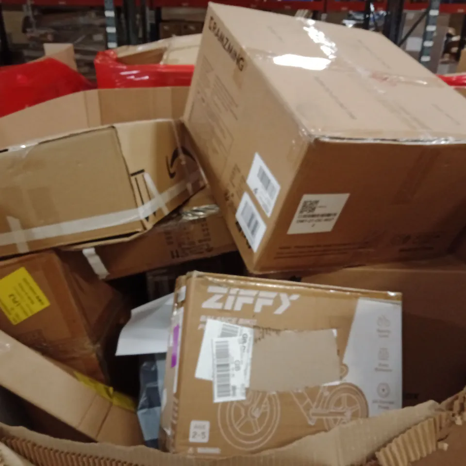 PALLET OF ASSORTED HOUSEHOLD GOODS AND PRODUCTS TO INCLUDE; BALANCE BIKE, CEILING LIGHT, OFFICE CHAIR