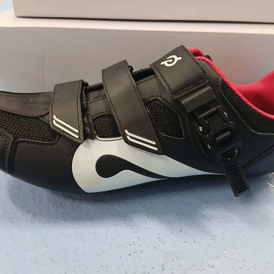 PELOTON CYCLING SHOES – BLACK WITH RED INTERIOR, VELCRO STRAPS USED SIZE 47