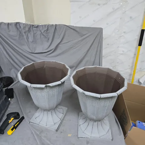 PAIR OF DECORATIVE STONE-EFFECT GARDEN PLANTERS WITH PEDESTAL BASES