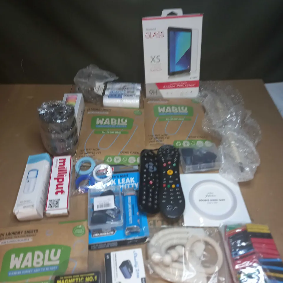 LOT OF ASSORTED ITEMS TO INCLUDE REMOTE CONTROLS, TEMPERED GLASS AND WABLY