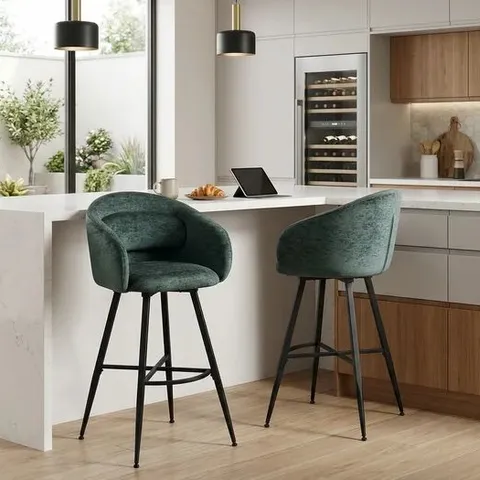 BOXED SET OF 2 SKYLAR UPHOLSTERED SWIVEL BARSTOOL,BLACK METAL LEGS-GREEN FABRIC