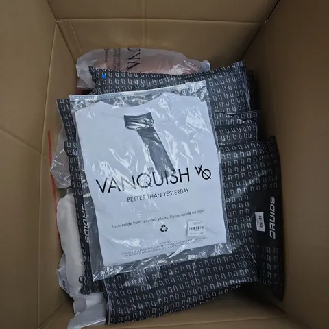 LARGE BOX OF APPROXIMATELY 20 ASSORTED CLOTHING ITEMS IN VARIOUS SIZES, STYLES AND COLOUR