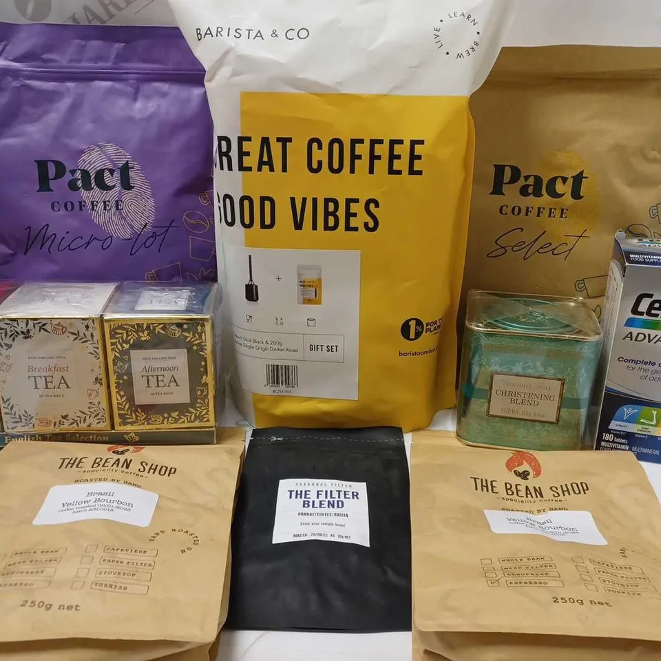 LOT OF APPROX 9 ASSORTED DRINK ITEMS TO INCLUDE PACT COFFEE CHAPADA PEABERRY ESPRESSO, THE BEAN SHOP BRAZIL YELLOW BOURBON ESPRESSO, FAMOUS TEAS CHRISTENING BLEND, ETC 