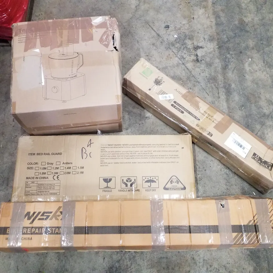 PALLET CONTAINING ASSORTED PRODUCTS TO INCLUDE ARTIFICIAL PLANTER, MULTIFUNCTIONAL FOOD PROCESSOR, BED RAIL GUARD, BIKE REPAIR STAND