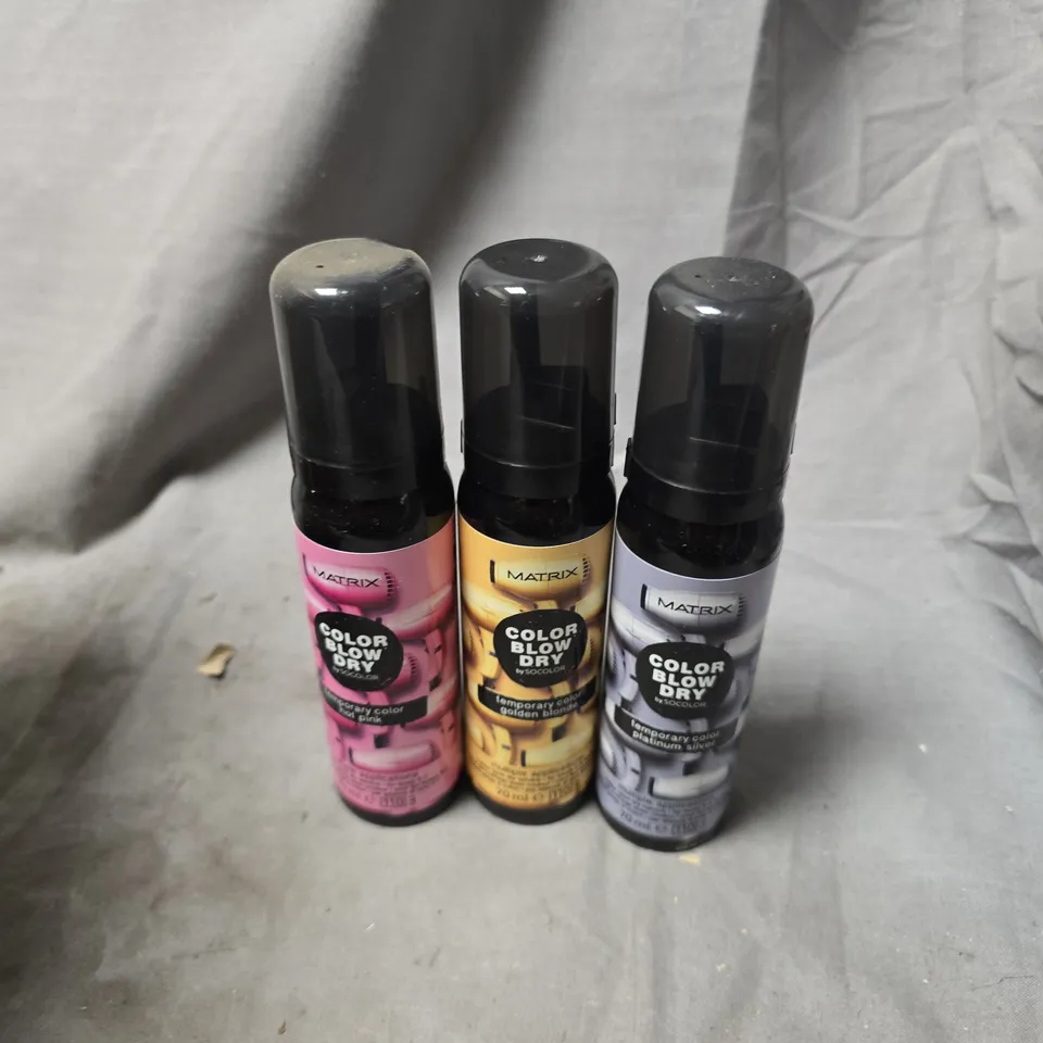 APPROXIMATELY 20 ASSORTED MATRIX BLOW DRY SPRAYS TO INCLUDE HOT PINK, PLATINUM SILVER, GOLDEN BLONDE, ETC - COLLECTION ONLY
