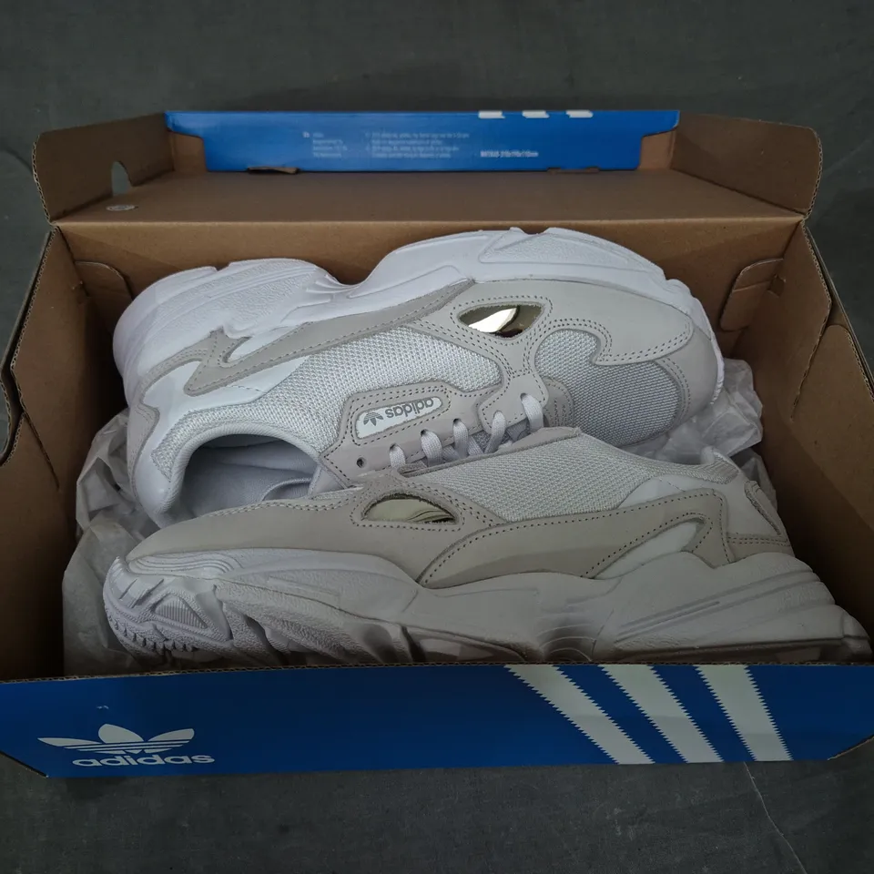 BOXED PAIR OF ADIDAS WOMEN'S FALCON SHOES IN WHITE/OFF WHITE UK SIZE 5.5