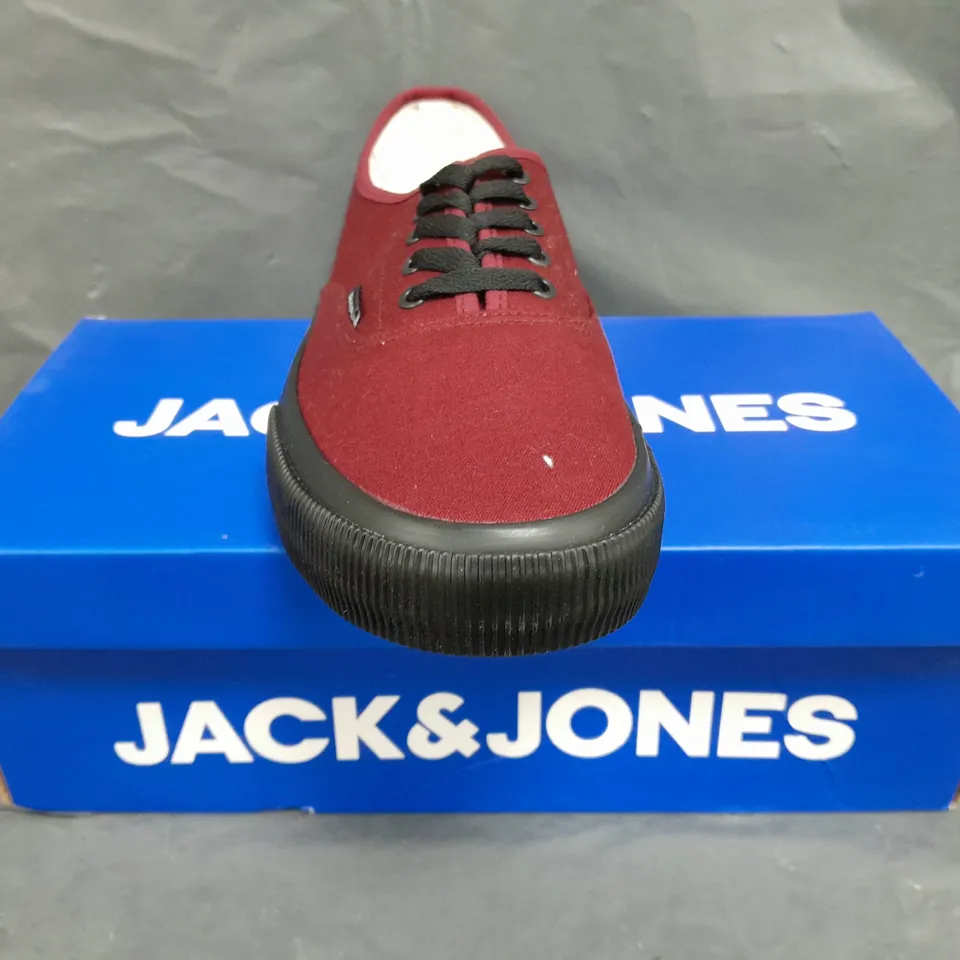 BOXED PAIR OF JACK & JONES CANVAS TRAINERS IN DEEP RED UK SIZE 9