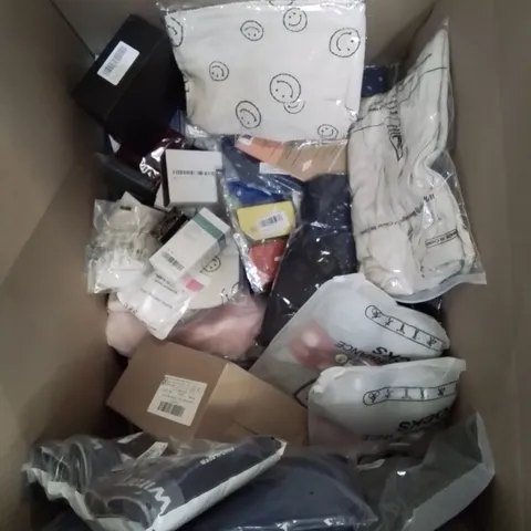 BOX CONTAINING LARGE AMOUNT OF MIXED FASHION ITEMS, SILVER PLATE AND COSTUME JEWELLERY, CLOTHING ITEMS ETC.