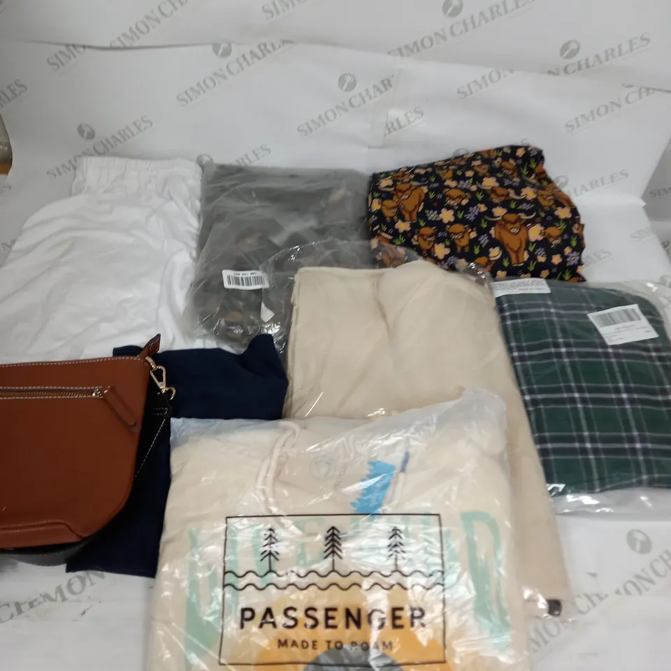 LARGE BOX OF ASSORTED CLOTHING ITEMS IN VARIOUS COLOURS AND SIZES INCLUDING TROUSERS , TOPS AND JUMPERS