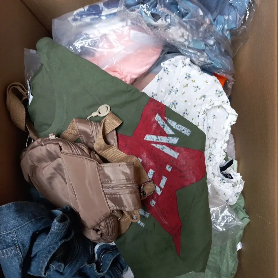 APPROXIMATELY 20 ASSORTED CLOTHING PRODUCTS IN VARIOUS STYLES & SIZES TO INCLUDE PANTS, T-SHIRTS, DRESSES ETC
