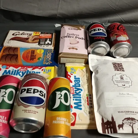 APPROXIMATELY 10 ASSORTED FOOD AND DRINK ITEMS TO INCLUDE - PEPSI MAX, GALAXY CHOCOLATE AND COFFEE PODS