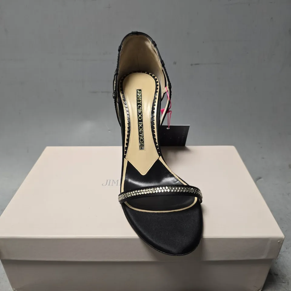 BOXED JIMMY CHOO SILK SATIN BLACK HEELS - SIZE 38 1/2