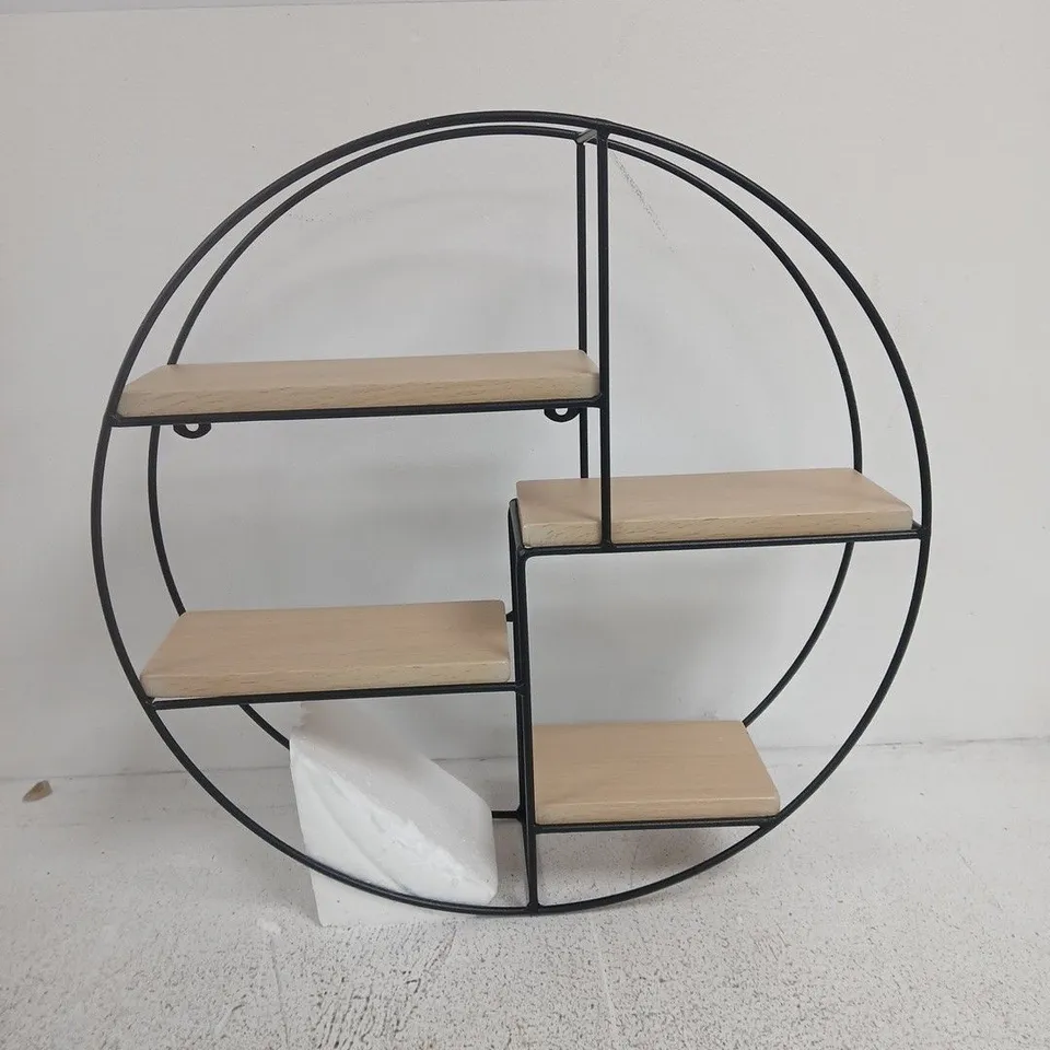 HOMION ROUND WIRE SHELF – NATURAL FINISH CIRCULAR FRAME WITH FIVE WOODEN SHELVES