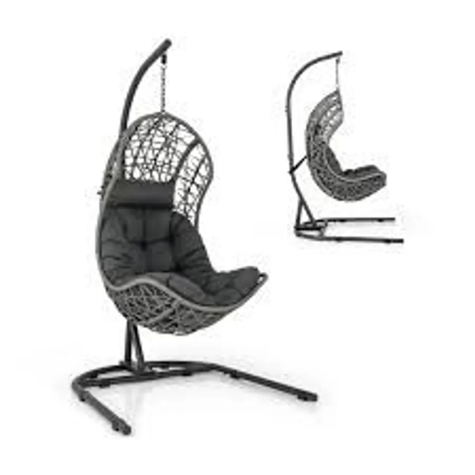 BOXED COSTWAY HANGING EGG PATIO WICKER CHAIR WITH STAND AND CUSHION - GREY