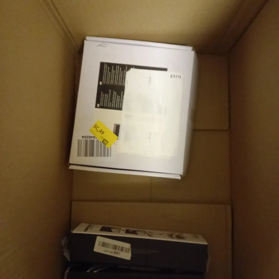 BOX OF APPROXIMATELY 15 ASSORTED ITEMS TO INCLUDE JVC HEADPHONES, LED PIVOT STAND, FLEXSON 5M POWER CABLE ETC