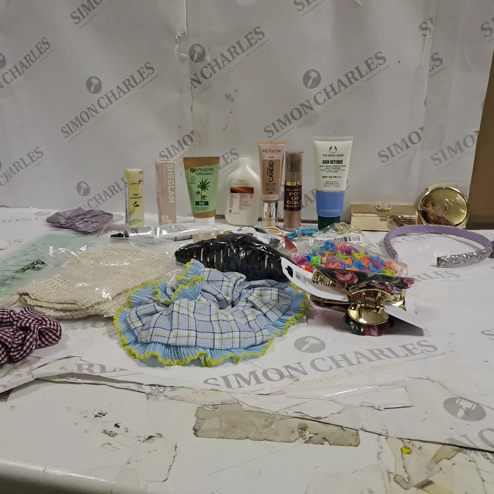 BOX OF 20 ASSORTED ITEMS TO INCLUDE REVLON, THE BODY SHOP, GARNIER 