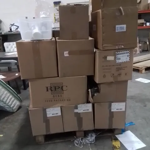 PALLET CONTAINING CATERING SUPPLIES SUCH AS;CAKE STANDS,GLASSES,FOOD PACKAGING,CONTAINERS