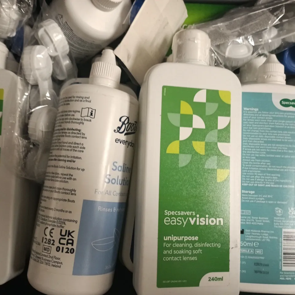 APPROXIMATELY 25 ASSORTED CONTACT LENSE CLEANING ITEMS
