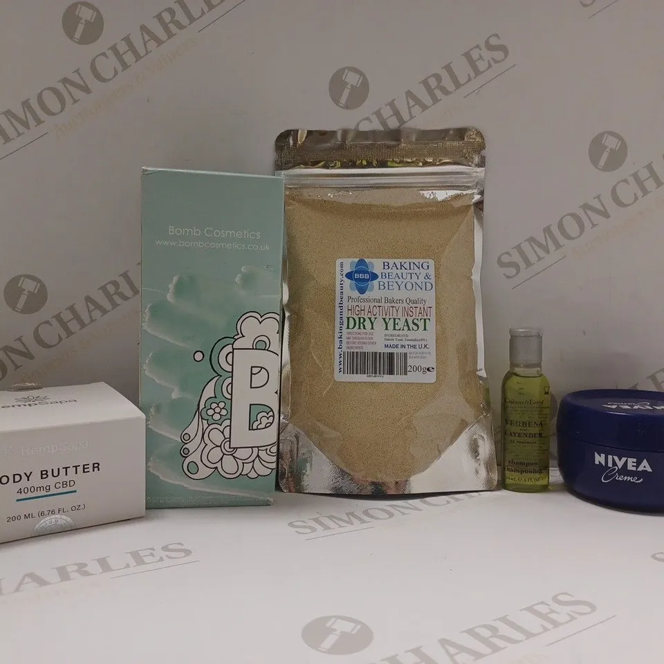 BOX OF APPROX 20 ASSORTED HEALTH AND BEAUTY ITEMS TO INCLUDE - HEMP SAPA BODY BUTTER 400MG CBD - NIVEA CREME - BOMB COSMETICS ESSENTIAL OILS ECT