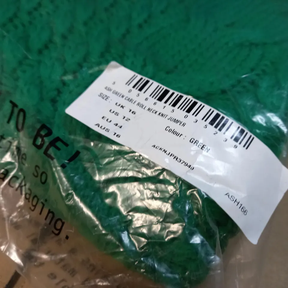 PACKAGED INTHESTYLE ASH GREEN CABLE ROLL NECK KNIT JUMPER - SIZE 16
