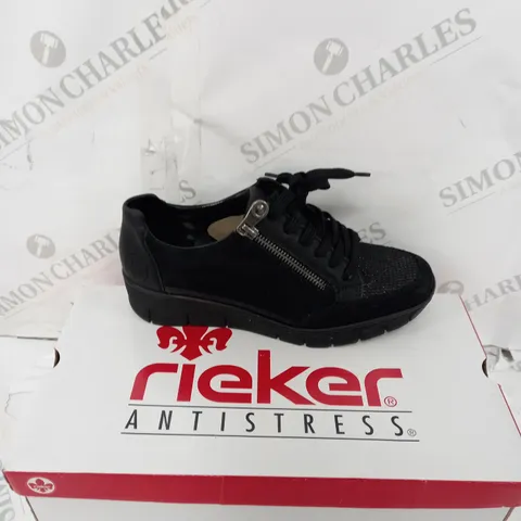 BOXED PAIR OF RIEKER WEDGE TRAINERS IN BLACK UK SIZE 4