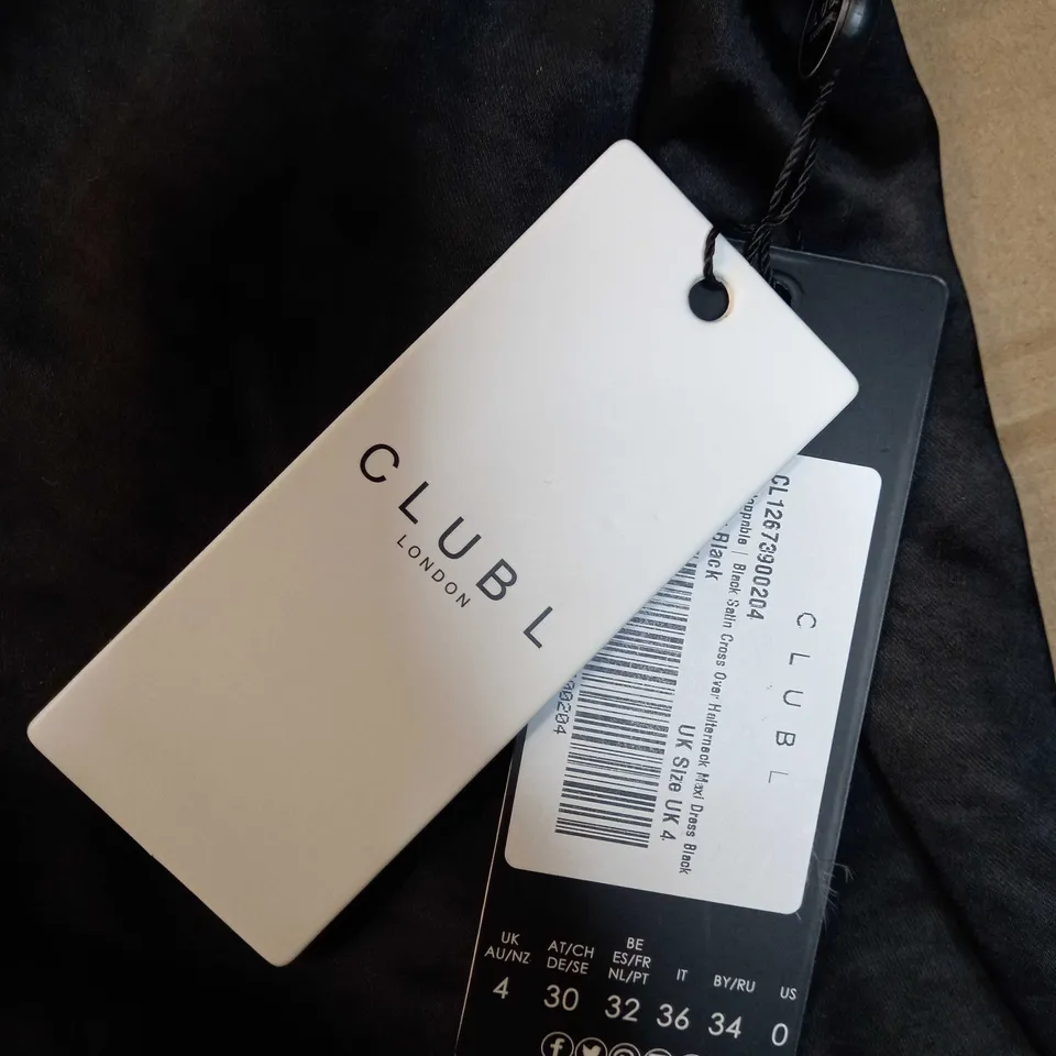 CLUB L BALCK SATIN CROSS OVER HALTERNECK MAXI DRESS - SIZE 4