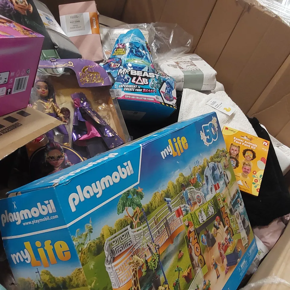 PALLET OF ASSORTED ITEMS INCLUDING: BARBIE DREAM CLOSET, PLAYMOBI MY LIFE SET, UNICORN ACADEMY DOLL, MR BEAST LAB, LEGO FLOWER BOUQUET, FITTED SHEETS, HAND TOWELS ECT