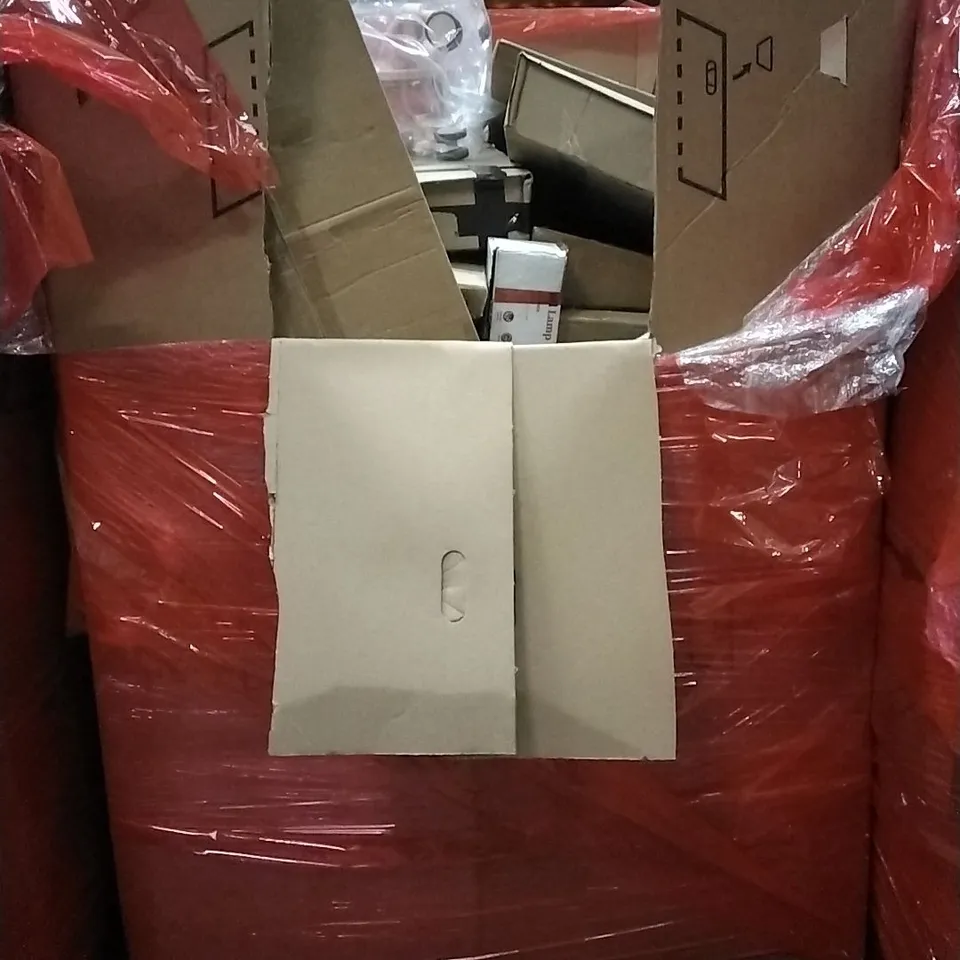 PALLET OF HOUSEHOLD ITEMS TO INCLUDE 52 INCH CEILING FAN LIGHT, VEST CARRIER BAGS,MIRROR, FLOATING SHELF AND OTHER ASSORTED ITEMS...